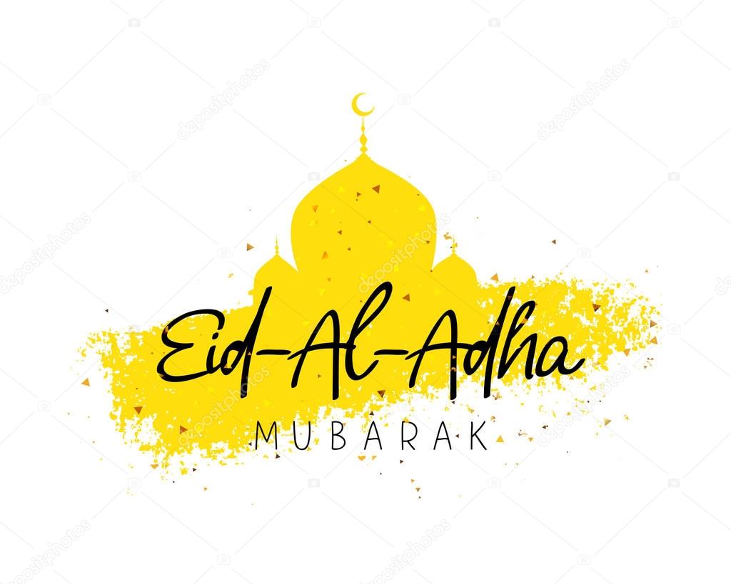 Eid Al Adha Mubarak. Kurban-bairam. Islamic festival of sacrifice. Vector illustration on a white background with a smear of ink yellow and confetti. A great holiday gift card.