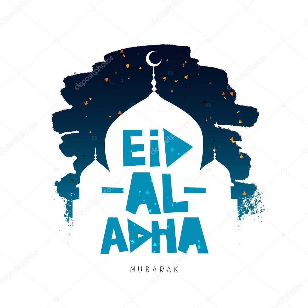 Eid Al Adha Mubarak. Kurban-bairam. Islamic festival of sacrifice. Vector illustration on a white background with a smear of ink blue and confetti. A great holiday gift card.