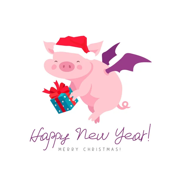 Fliegendes Schwein mit Neujahrsmütze und Geschenkbox — Stockvektor