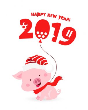 Kırmızı Noel şapka ile bir balon içinde eğlenceli domuz