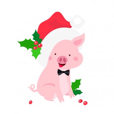 Holly üretim tesisi ile kırmızı bir yeni yıl şapkalı mutlu domuz