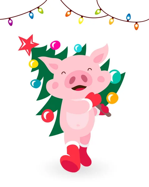 Lustiges Schwein trägt einen Weihnachtsbaum — Stockvektor