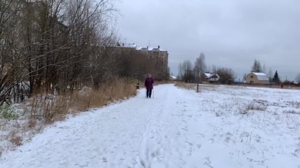 快乐的老妇人戴着眼镜 拿着手杖走在学校体育馆雪地的小径上 — 图库视频影像