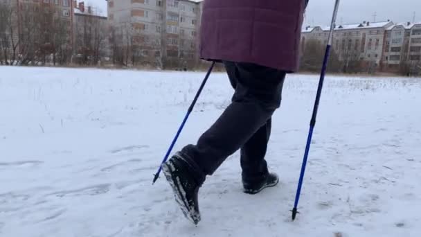 Happy Elderly Woman Walks Sticks Nordic Walking Snowy Road School — Stock Video