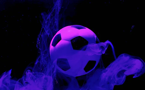 Bola de futebol em incrível azul e roxo espaço fundo . — Fotografia de Stock