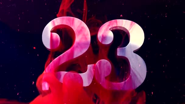 素晴らしい背景に白い数字23 男性の休日のための概念祖国の日の擁護者 黒を背景に水に赤と紫の水彩水墨画 — ストック動画