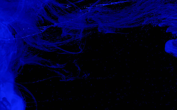 Colored space background. Blue watercolor ink in water on a black background. Cool trending screensaver. Neural networks.