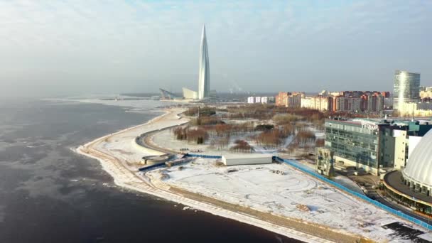 Petersburg Rusland Januari 2020 Luchtfoto Van Winter Neva Stad Wolkenkrabber — Stockvideo