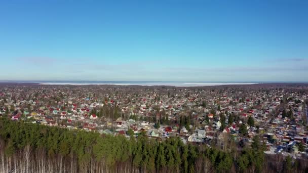 晴れた冬の日に遠くにロシアの村とラドーガ湖の空中ビュー カントリーハウスや森林へのドローン飛行 — ストック動画