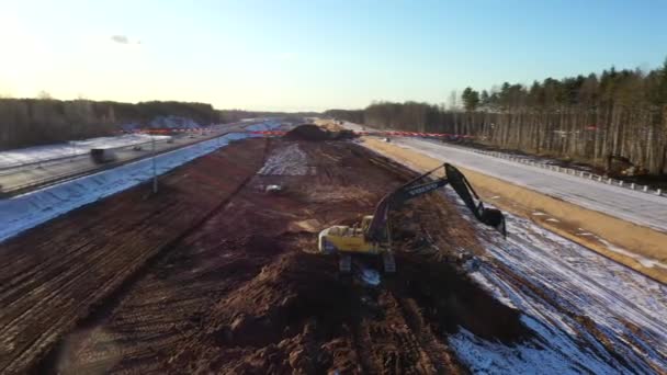 Petersburg Russia February 2020 Aerial View Volvo Excavator Bucket Caterpillar — ストック動画