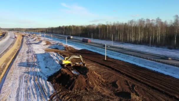 Petersburg Russia February 2020 Aerial View Volvo Excavator Bucket Caterpillar — Stockvideo