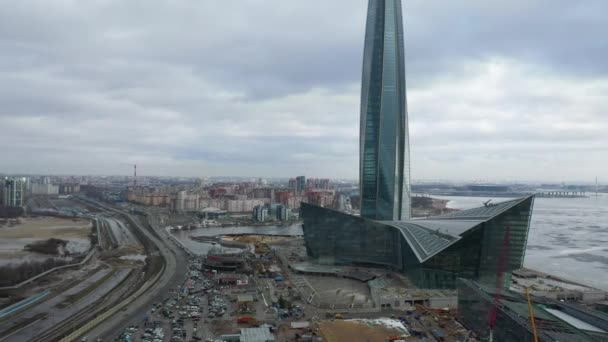 Petersburg Rusland Maart 2020 Luchtfoto Van Wolkenkrabber Lakhta Centrum Bouwkranen — Stockvideo