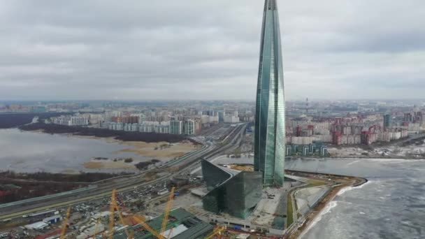 Petersburg Rusland Maart 2020 Luchtfoto Van Wolkenkrabber Lakhta Centrum Bouwkranen — Stockvideo