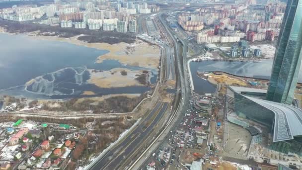 Petersburg Rusia Marzo 2020 Vista Aérea Del Rascacielos Autopista Lago — Vídeos de Stock