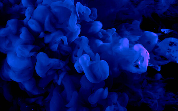 Blue watercolor ink in water on a black background. Cosmic magic background. Blue abstract background. Cool trending screensaver.