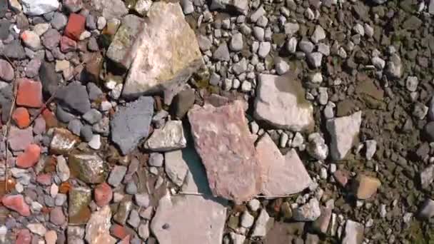 岩場のビーチやゴミの空中ビュー 晴れた日に石の上を飛行するドローン — ストック動画