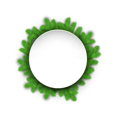 Beyaz arka plan üzerinde izole çam dalları ile daire başlık. 