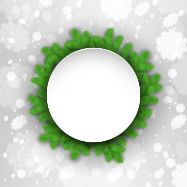 Daire afiş arka plan kar taneleri ile dallarda köknar ile.  