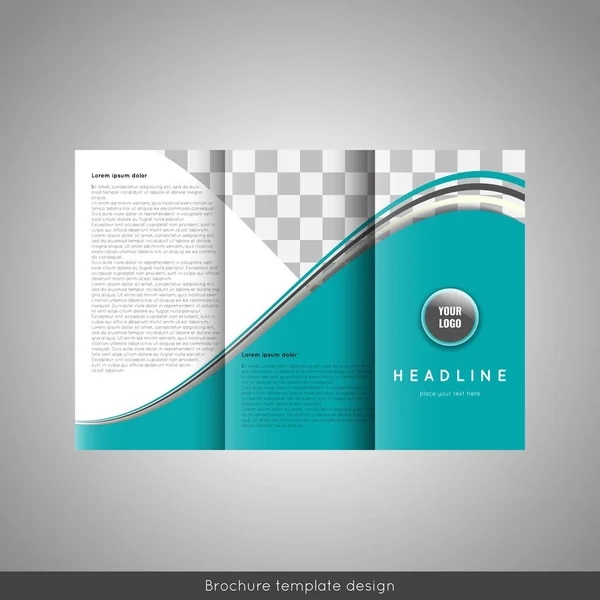 Business trifold brochure template design. Wavy lines background and world map infographic element. Place for photo. — Stock Vector