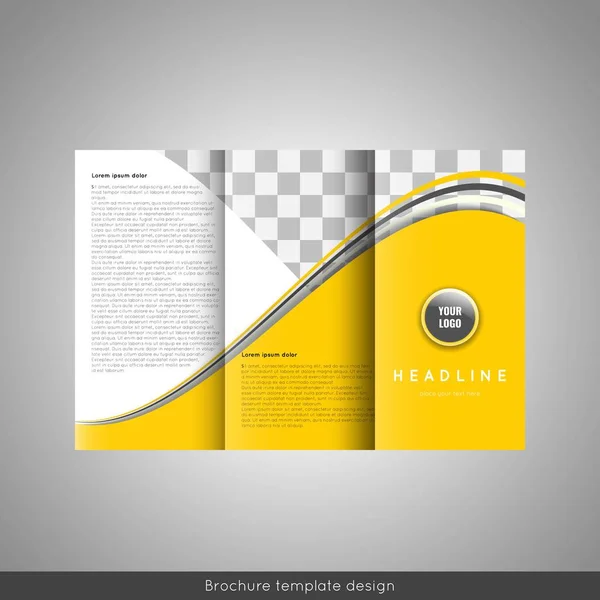 Business trifold brochure template design. Wavy lines background and world map infographic element. Place for photo. — Stock Vector