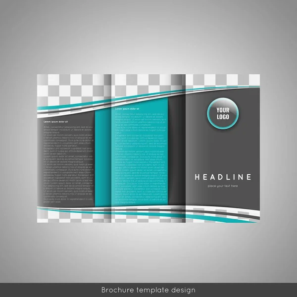 Business trifold brochure template design. Wavy lines background and world map infographic element. Place for photo. — Stock Vector
