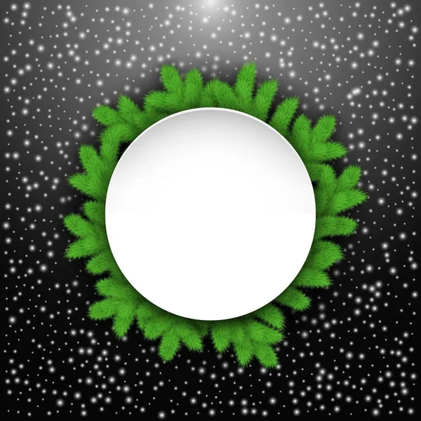 Kar taneleri ile siyah arka plan üzerine çam dalları ile daire başlık.  