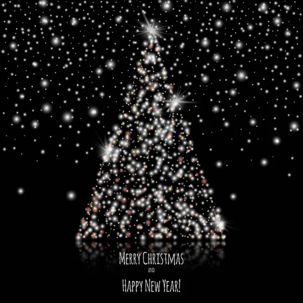 Feliz Natal e Feliz Ano Novo! Árvore de Natal brilhante de grinaldas em um fundo preto — Vetor de Stock