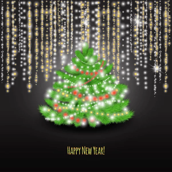 Frohes neues Jahr! Weihnachtsbaum an und Lichter auf schwarzem Hintergrund. — Stockvektor