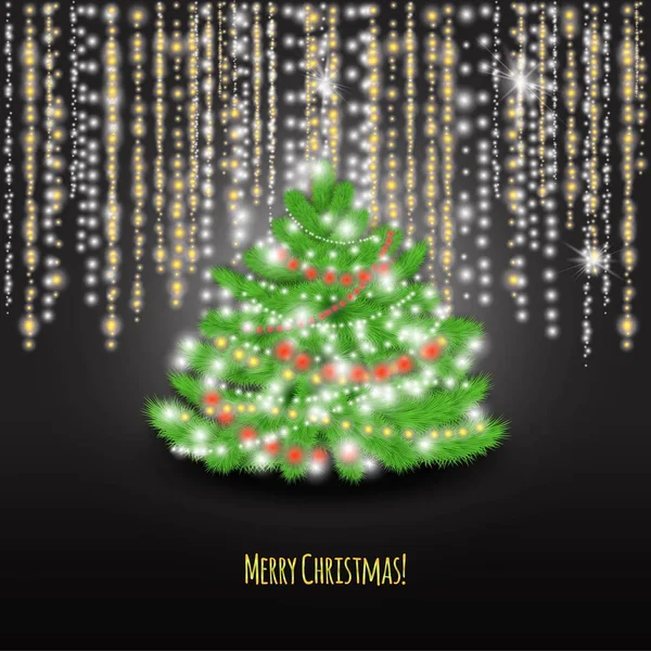 Feliz Natal! Árvore de Natal ligada e luzes no fundo preto . — Vetor de Stock
