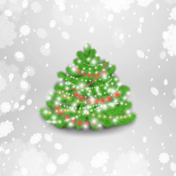 Weihnachtsbaum mit leuchtendem Kranz auf grauem Hintergrund mit Schneeflocken. — Stockvektor