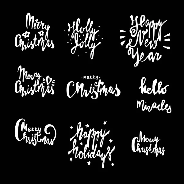 Feliz Navidad y Feliz Año Nuevo conjunto de letras dibujadas a mano. Elementos para tarjetas de felicitación navideñas, invitaciones, banners y regalos — Vector de stock