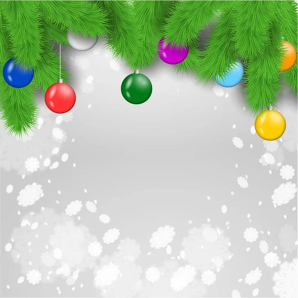 Weihnachtskugeln auf den Tannenzweigen mit dem grauen Schneeflocken-Hintergrund. — Stockvektor