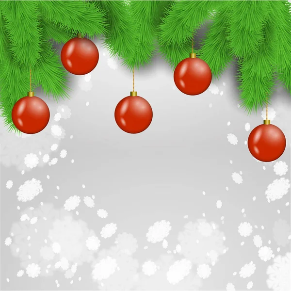 Bolas de Navidad en las ramas de abeto con el fondo de copos de nieve gris . — Archivo Imágenes Vectoriales