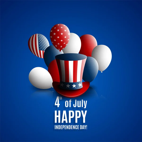Fourth of july independence day of the usa. Holiday background with patriotic american signs - presidents hat, balloons, stars and stripes. — Stock Vector