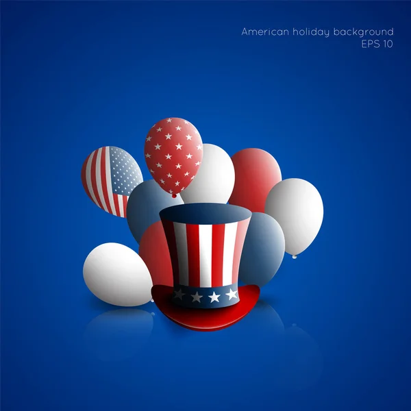 Fjärde juli. Självständighetsdagen av Usa. Holiday bakgrund med patriotiska amerikanska tecken - presidentens hatt, ballonger, stjärnor och ränder. — Stock vektor