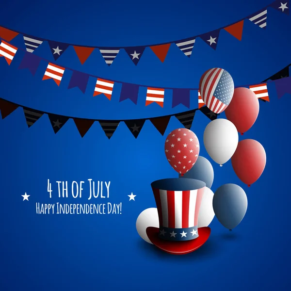 Четвертое июля. День независимости США. Праздничный фон с патриотическими американскими знаками - президентская шляпа, воздушные шары, звезды и полосы . — стоковый вектор