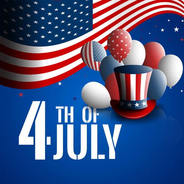 Четвертое июля. День независимости США. Праздничный фон с патриотическими американскими знаками - президентская шляпа, воздушные шары, звезды и полосы . — стоковый вектор
