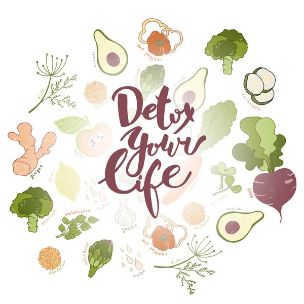 Detox van je leven. Hand getekende letters en achtergrond van groenten en fruit. — Stockvector