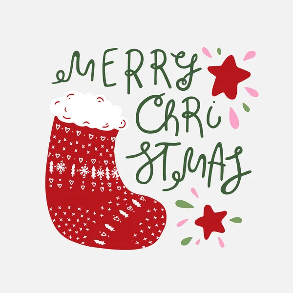 Feliz Natal mão desenhada lettering elementos de design. Meia de presente e estrelas —  Vetores de Stock