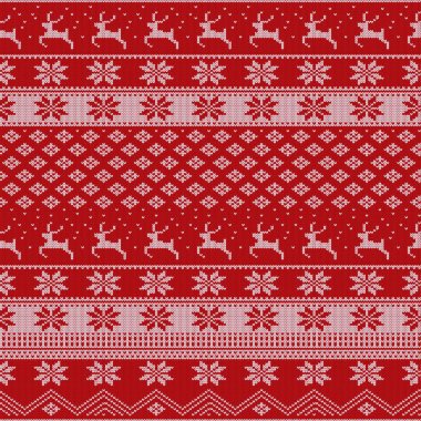 Geyikler, çam ağaçları, kar taneleri ile örme Noel kazak modeli. Kış kumaş arka plan.