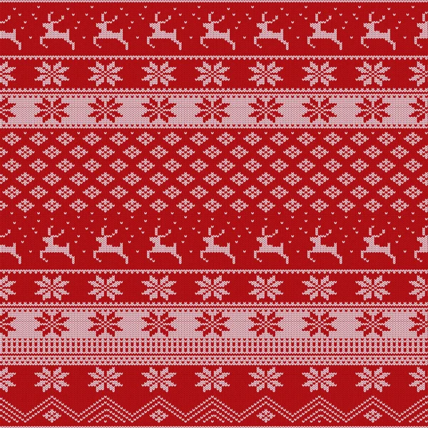 Gestrickte Weihnachtspullover mit Hirschen, Tannenbäumen, Schneeflocken. Winter Stoff Hintergrund. — Stockvektor