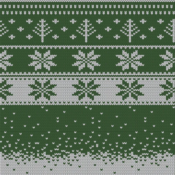 Pletený vánoční svetr vzor s jeleny, jedlí, sněhové vločky. Zimní látky pozadí. — Stockový vektor
