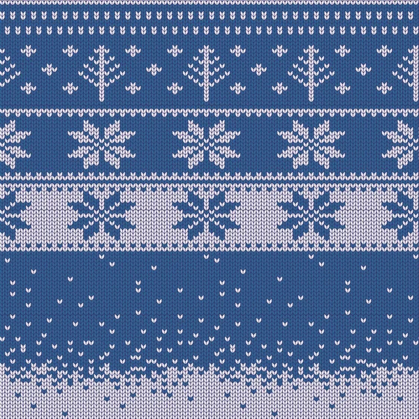 Knitted Christmas sweater pattern with deers, fir-trees, snowflakes. Winter fabric background. — Stock Vector
