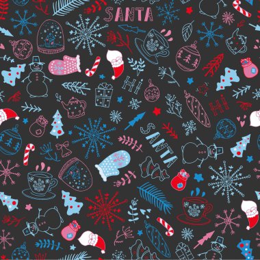 Noel Baba, kar küresi, şeker kamışı, çam ağacı, snoflakes, hediye kutuları, eldiven vb ile Seamless Noel modeli.