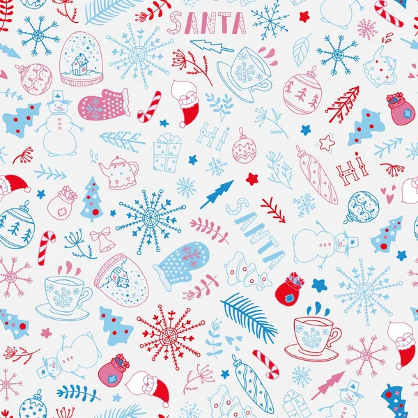 Nahtloses Weihnachtsmuster mit Weihnachtsmann, Schneekugel, Zuckerrohr, Tanne, Schneeflocken, Geschenkschachteln, Handschuhen usw.. — Stockvektor