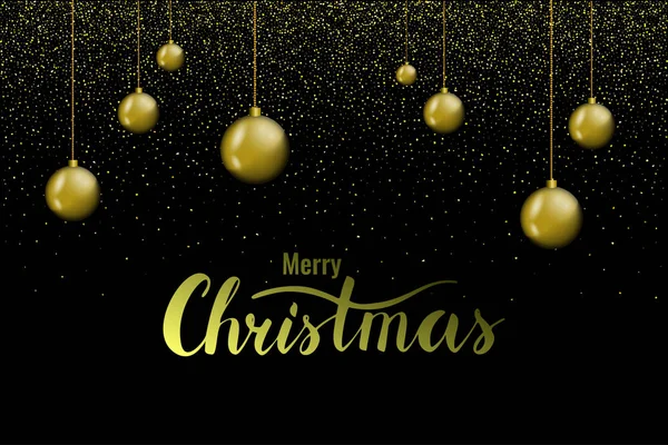 Frohe Weihnachten Hand Schriftzug Hintergrund mit Weihnachtskugeln und Lichtern — Stockvektor