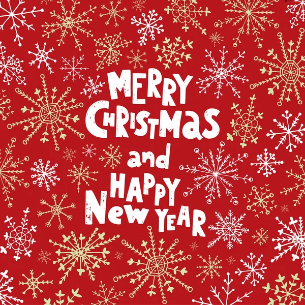 Frohe Weihnachten und ein gutes neues Jahr. handgezeichneter Schriftzug auf dem Schneeflockenhintergrund. — Stockvektor