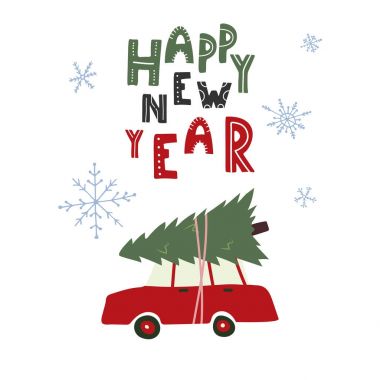 Yeni Yılınız Kutlu Olsun. Çatıda bir Noel ağacı ile araba