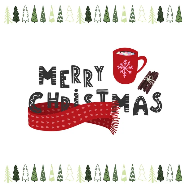 Feliz Natal mão desenhada cacau quente ou xícara de chocolate com cheiros. Cartão de férias —  Vetores de Stock