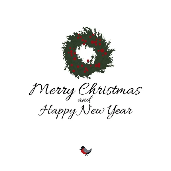 Frohe Weihnachten und ein gutes neues Jahr handgezeichnete Karte mit Weihnachtskranz — Stockvektor
